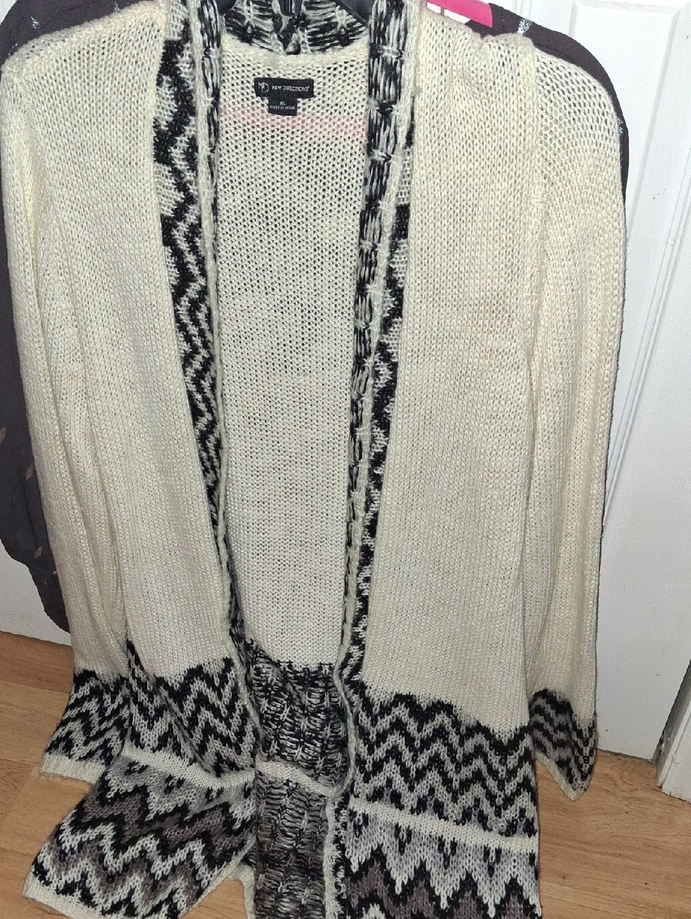 Open-Front Cream Cardigan with Black Patterned Trim